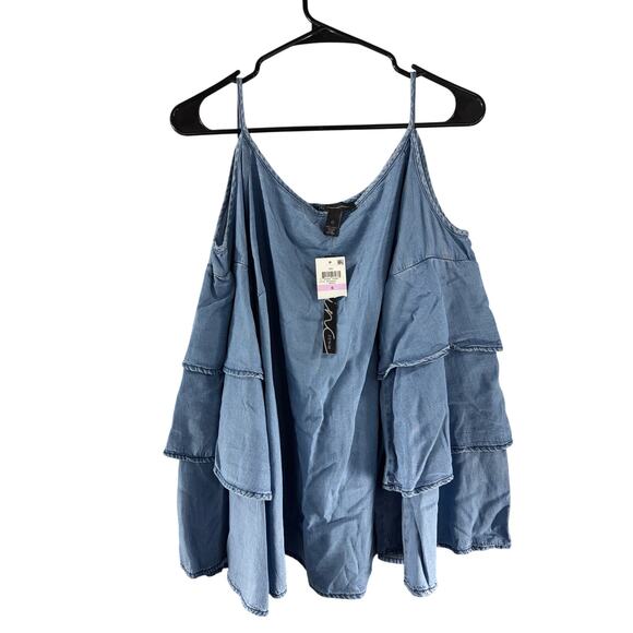 INC International Concepts Blue Denim Ruffled Sleeve Cold Shoulder Top NWT Sz 6 - Picture 1 of 5